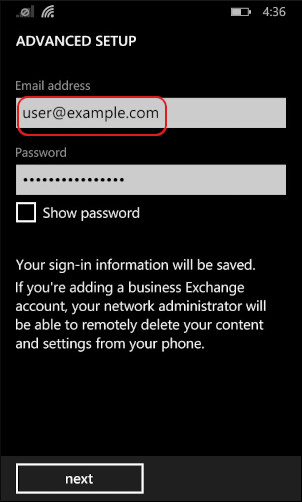 Windows Phone - add account - advanced setup - email address