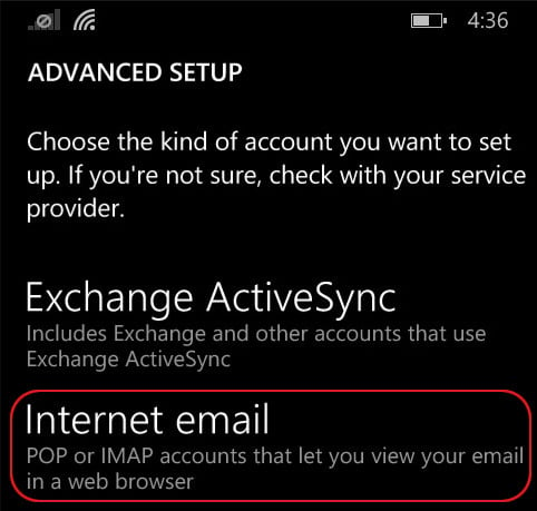 Windows Phone - add account - advanced setup - Internet email