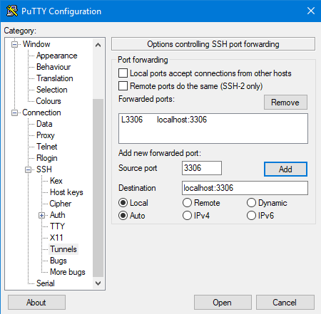 Putty configuration window for tunnel.