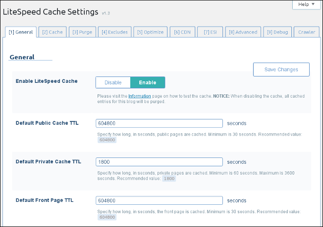 WordPress - LiteSpeed Cache settings page